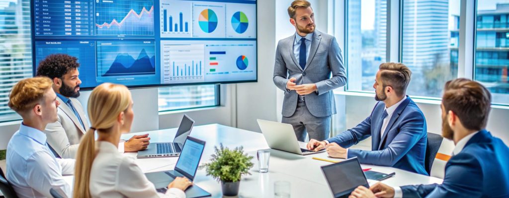 Business people in a meeting, looking at a presentation on the screen.
