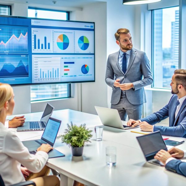 Business people in a meeting, looking at a presentation on the screen.