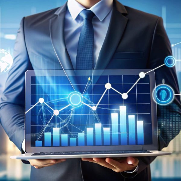 Businessman Holding Laptop Showing Financial Data.